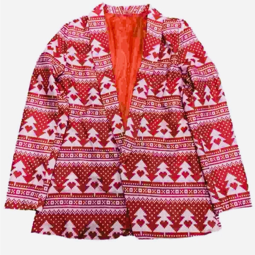 Womens Red Heart Tree Christmas Holiday Suit Blazer Multi-color Light Up large
